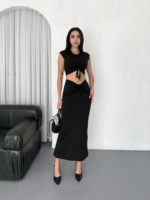 Deluxerie Deluxerie Kadın Siyah Büzgülü Crop ve Etek İkili Takım MF-MF-152176